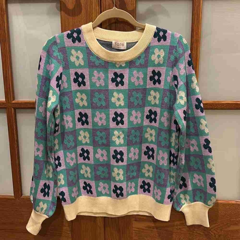 Fate Women's Checkered Floral Sweater - Purple and Blue